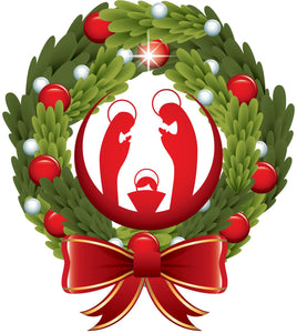 Merry Christmas Holiday Wreath with Jesus in Manger Vinyl Decal Sticker