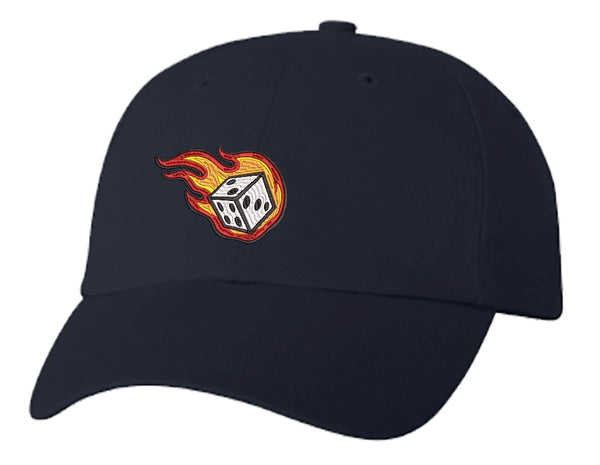 Unisex Adult Washed Dad Hat Dice in Fire Flames Cartoon Icon Embroidery Sketch Design