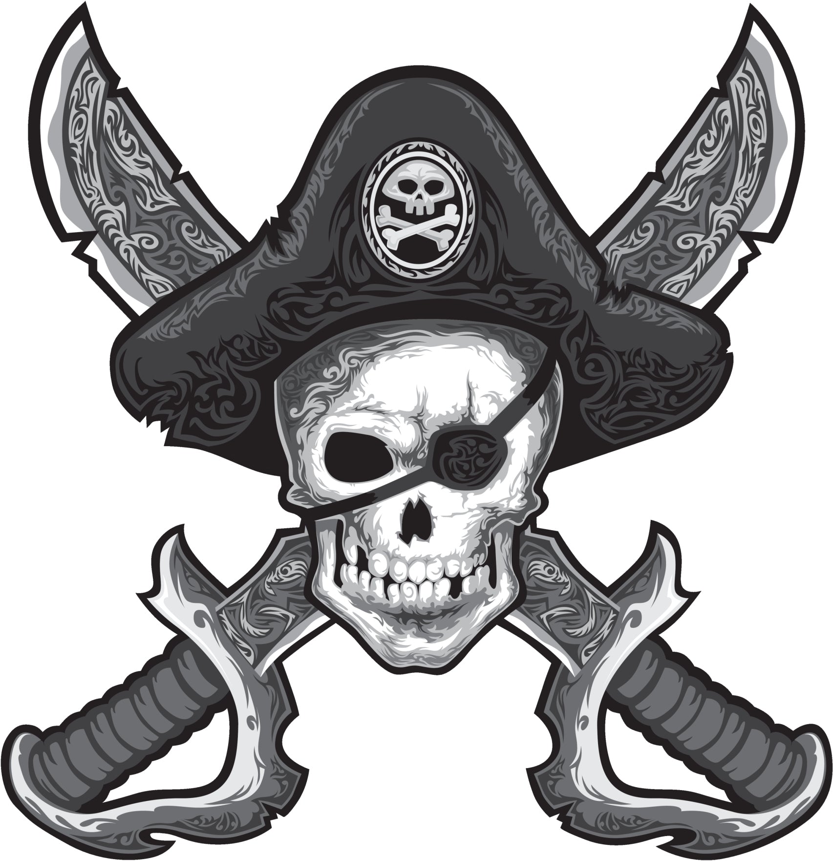 PIRATE JOLLY ROGER SKULL AND CROSS BONES SWORDS WITH EYE PATCH AND HAT BLACK WHITE GREY Vinyl Decal Sticker