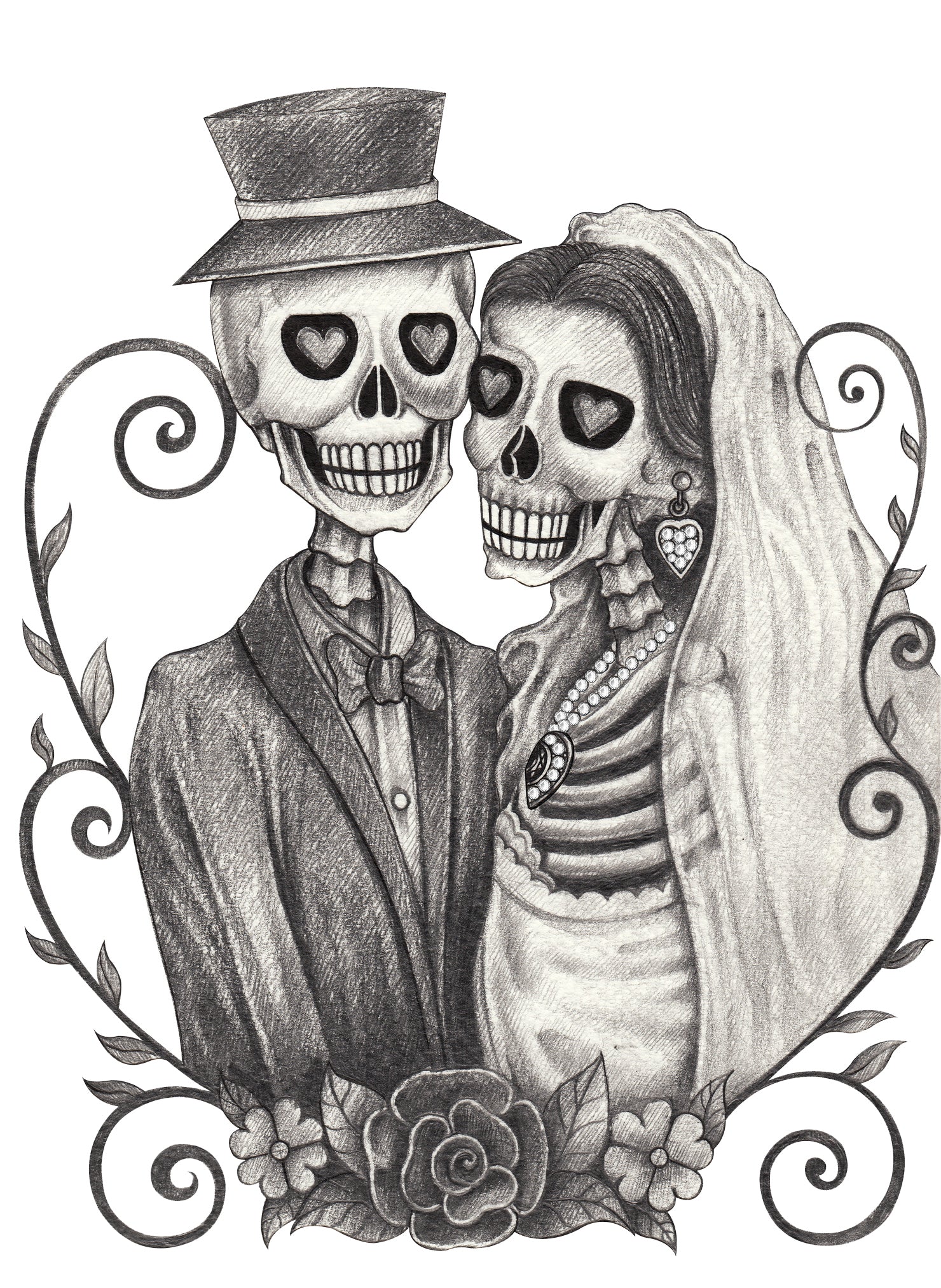 Pencil Sketch Bride and Groom with Swirls #2 Vinyl Decal Sticker