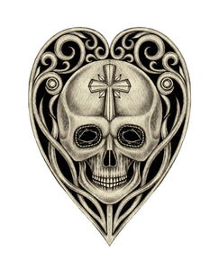 Pencil Sketch Cross Skull in Swirl Heart Vinyl Decal Sticker