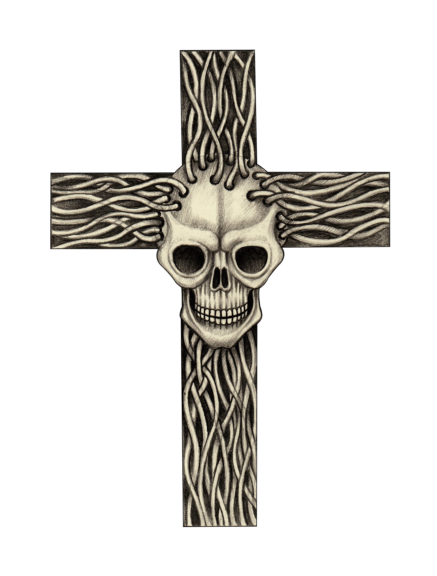 Pencil Sketch Cross with Threaded Skull Vinyl Decal Sticker