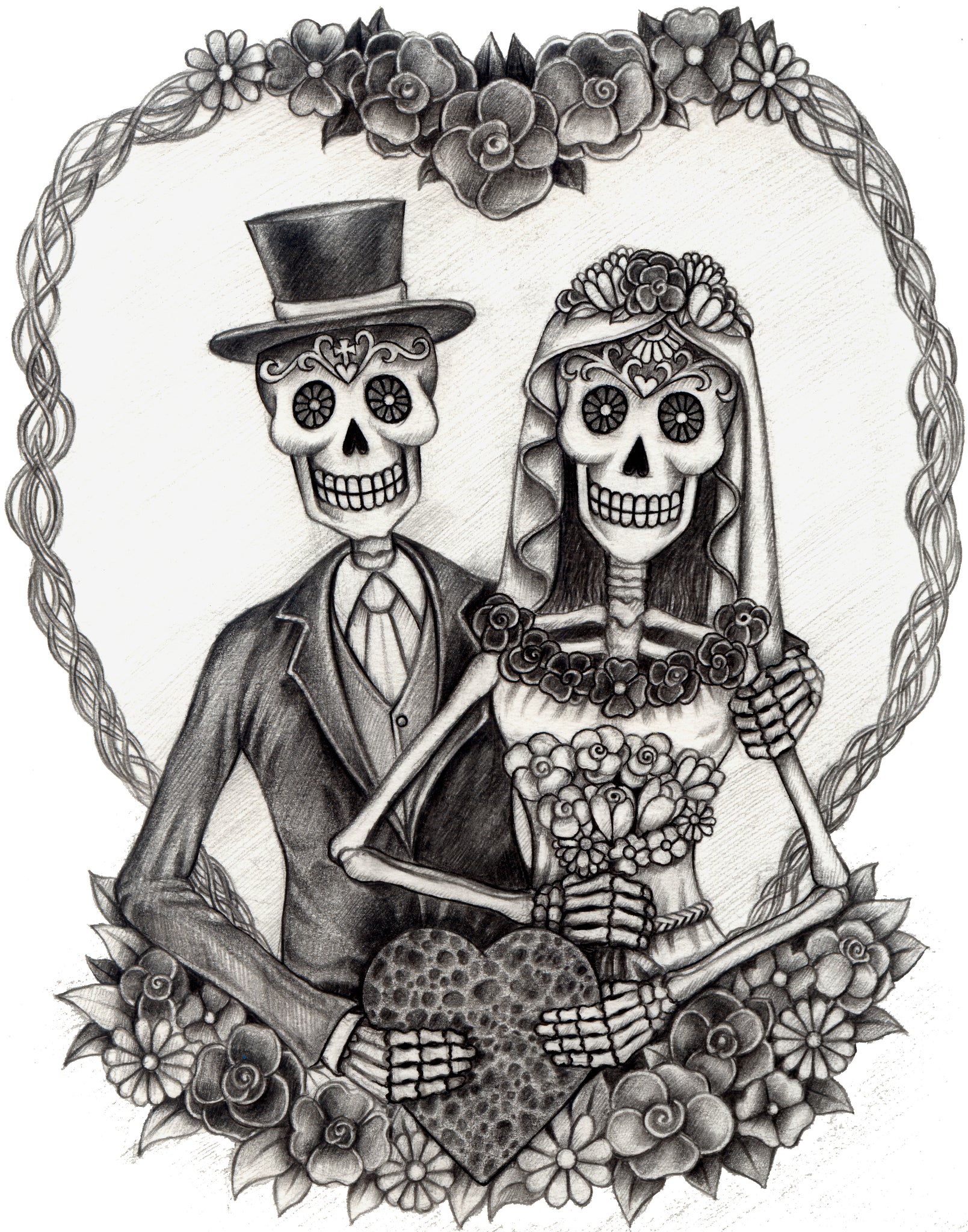 Pencil Sketch Dia De Los Muertos Bride and Groom Couple with Flowers Vinyl Decal Sticker