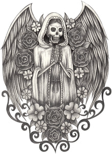Pencil Sketch Dia De Los Muertos Skeleton Angel with Flowers Vinyl Decal Sticker