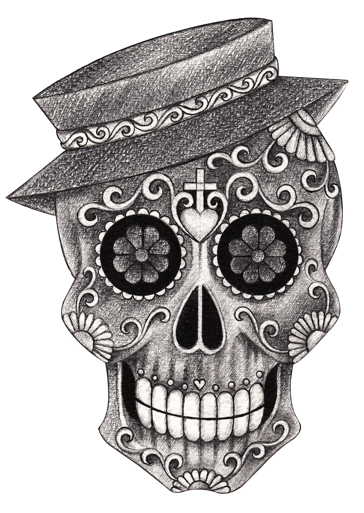 Pencil Sketch Dia De Los Muertos Smiling Skull with Hat Vinyl Decal Sticker