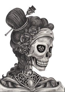 Pencil Sketch Dia De Los Muertos Woman with Flowers and Jewels Vinyl Decal Sticker