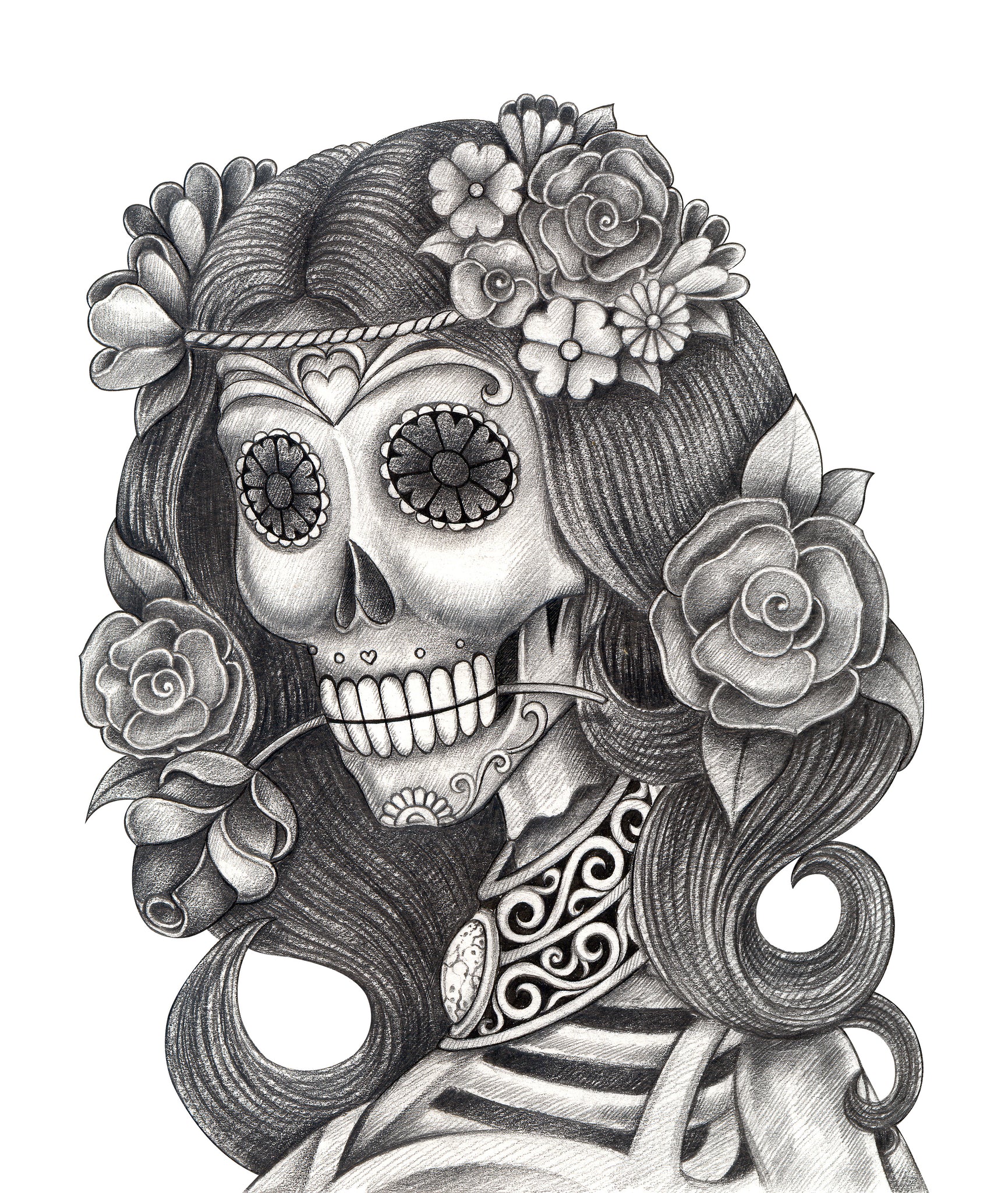 Pencil Sketch Dia De Los Muertos Woman with Rose Flower Crown Vinyl Decal Sticker