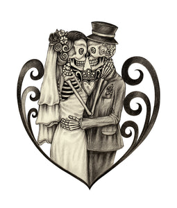 Pencil Sketch Dia de los Muertos Bride and Groom Couple in Heart Vinyl Decal Sticker