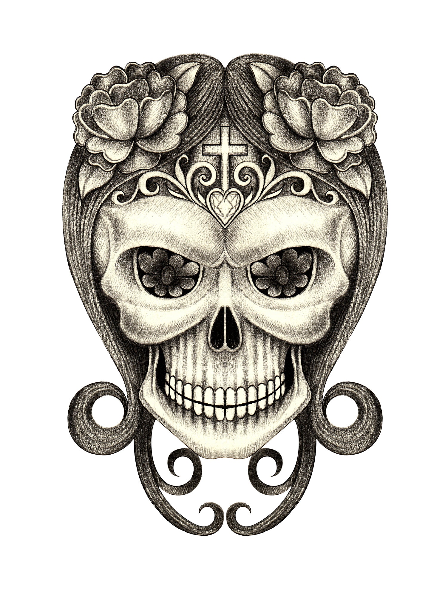 Pencil Sketch Dia de los Muertos Floral Swirl Skull #11 Vinyl Decal Sticker