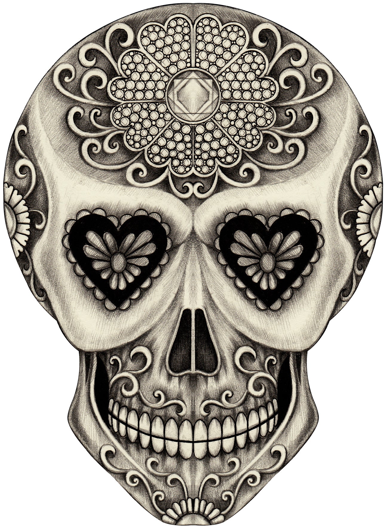 Pencil Sketch Dia de los Muertos Floral Swirl Skull #12 Vinyl Decal Sticker