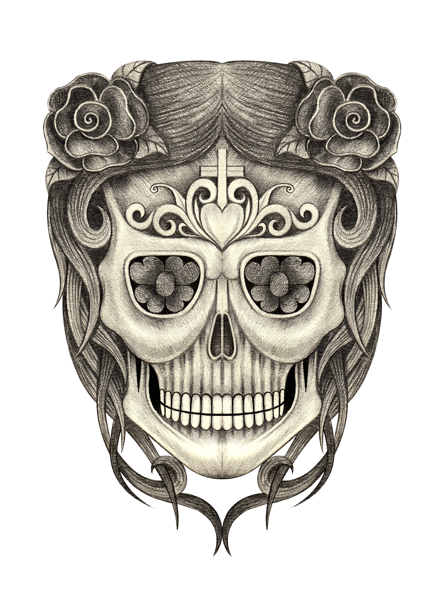 Pencil Sketch Dia de los Muertos Floral Swirl Skull #13 Vinyl Decal Sticker