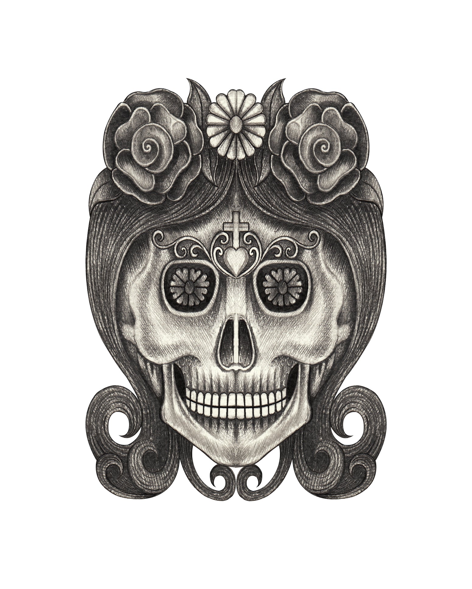 Pencil Sketch Dia de los Muertos Floral Swirl Skull #14 Vinyl Decal Sticker