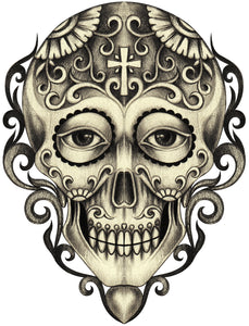 Pencil Sketch Dia de los Muertos Floral Swirl Skull #15 Vinyl Decal Sticker