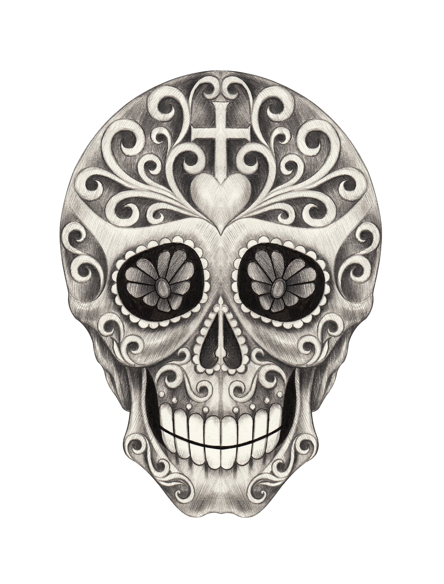 Pencil Sketch Dia de los Muertos Floral Swirl Skull #1 Vinyl Decal Sticker