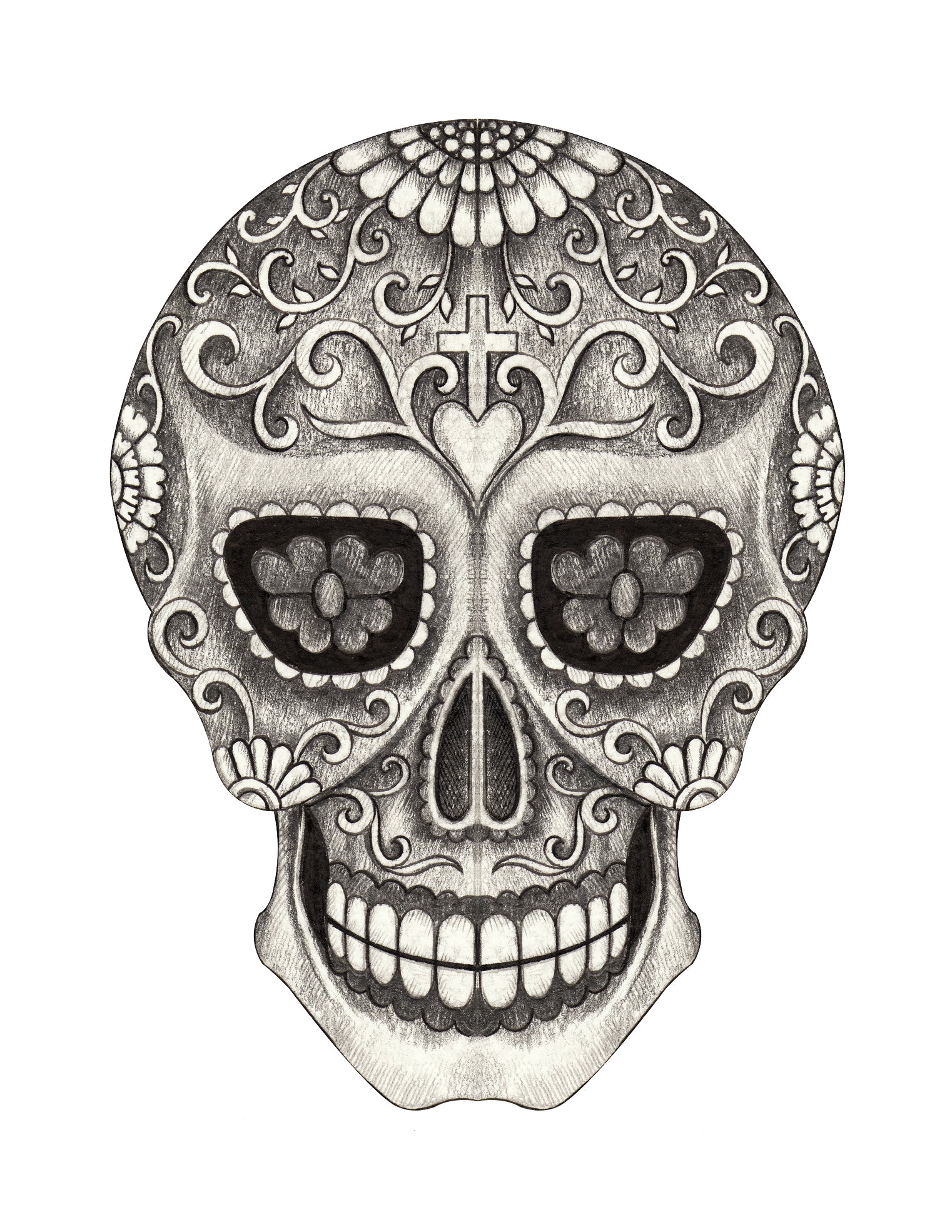 Pencil Sketch Dia de los Muertos Floral Swirl Skull #2 Vinyl Decal Sticker