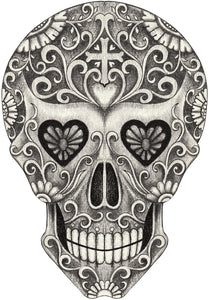 Pencil Sketch Dia de los Muertos Floral Swirl Skull #3 Vinyl Decal Sticker