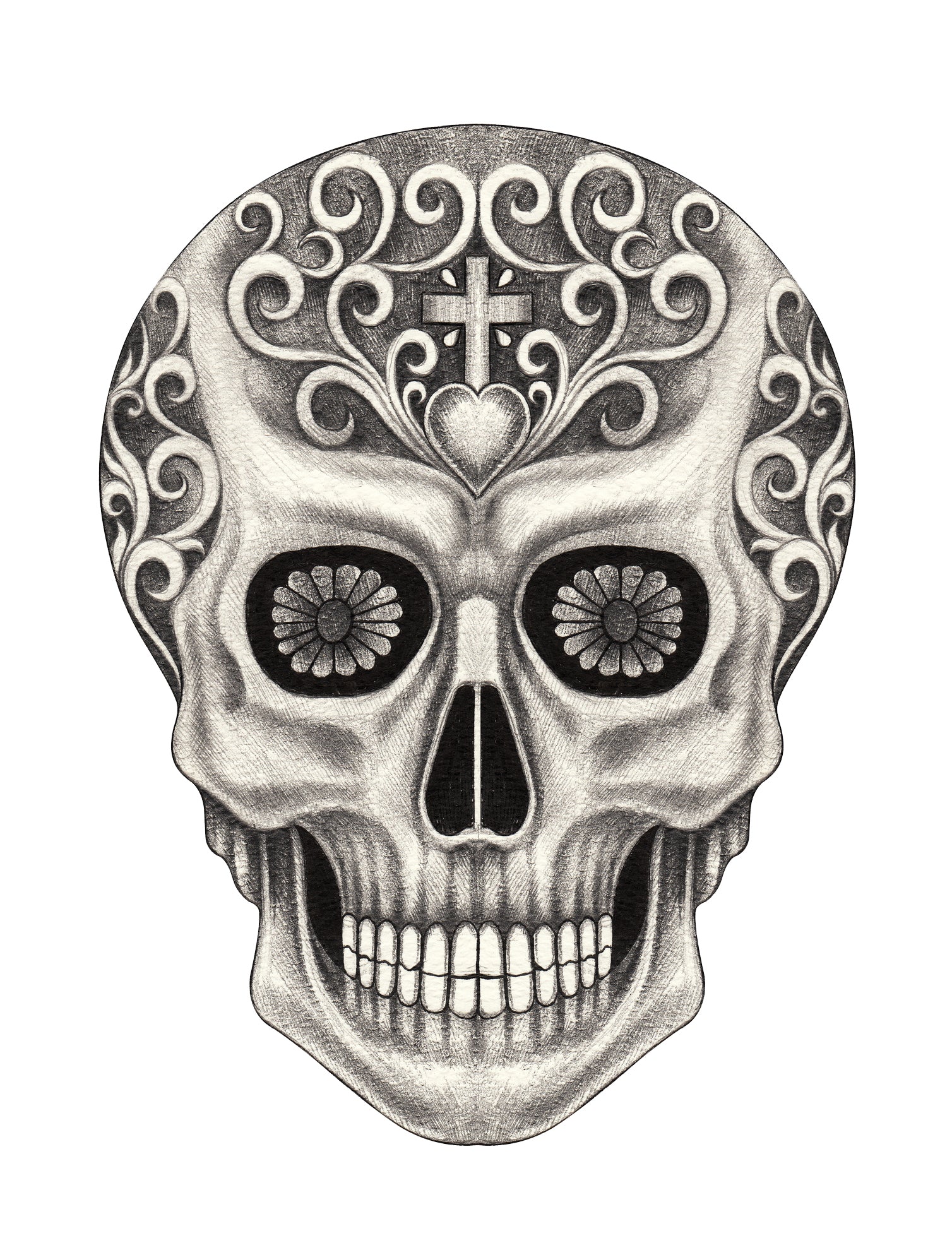 Pencil Sketch Dia de los Muertos Floral Swirl Skull #4 Vinyl Decal Sticker