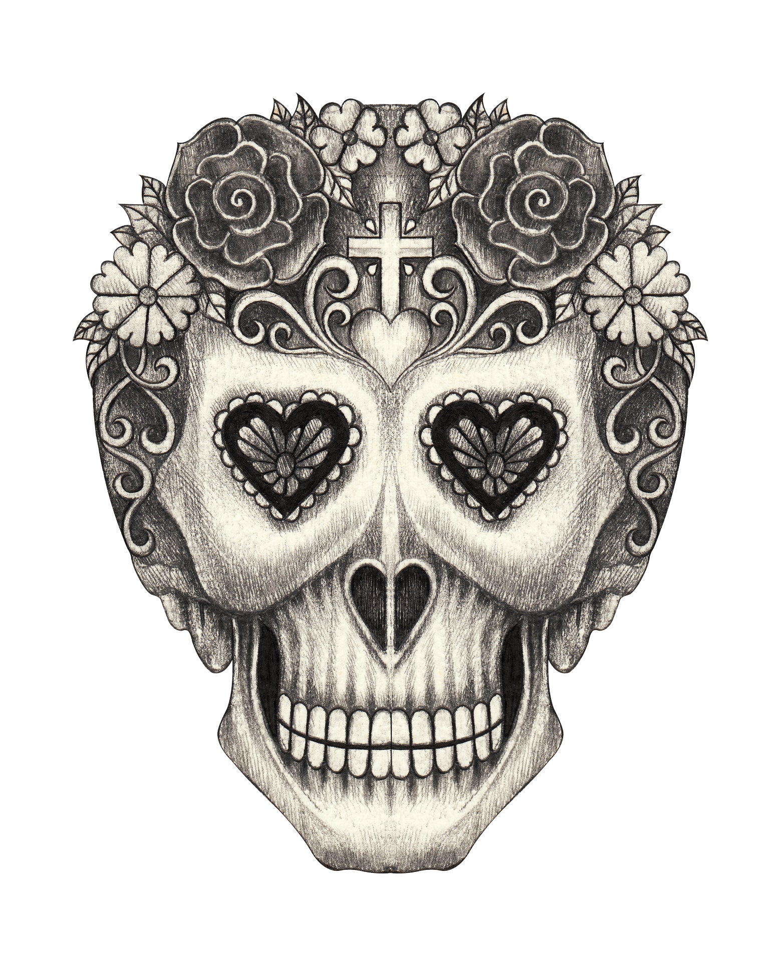 Pencil Sketch Dia de los Muertos Floral Swirl Skull #5 Vinyl Decal Sticker