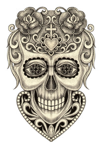 Pencil Sketch Dia de los Muertos Floral Swirl Skull #7 Vinyl Decal Sticker