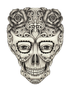Pencil Sketch Dia de los Muertos Floral Swirl Skull #8 Vinyl Decal Sticker