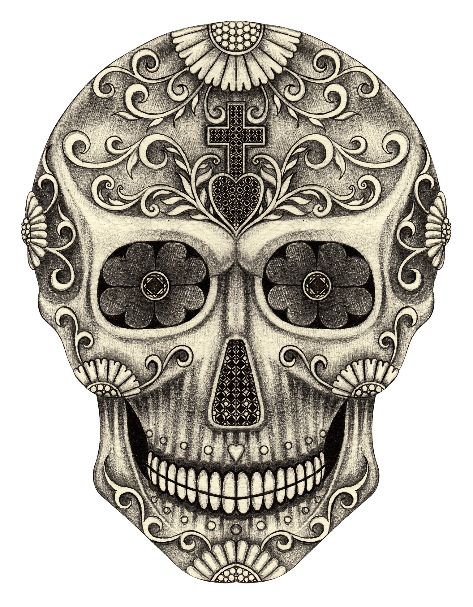 Pencil Sketch Dia de los Muertos Floral Swirl Skull #9 Vinyl Decal Sticker