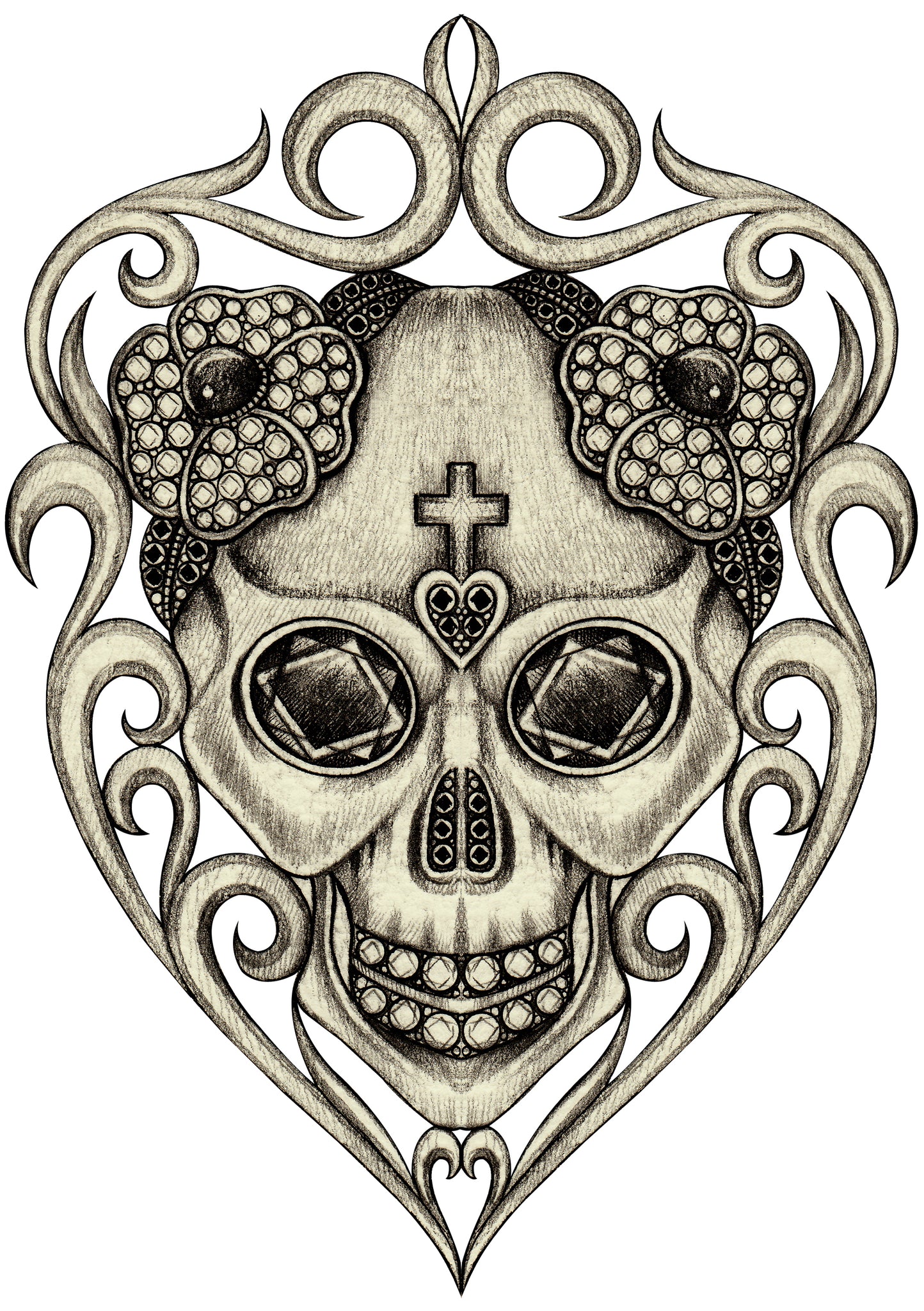 Pencil Sketch Dia de los Muertos Jeweled Flower Skull #1 Vinyl Decal Sticker