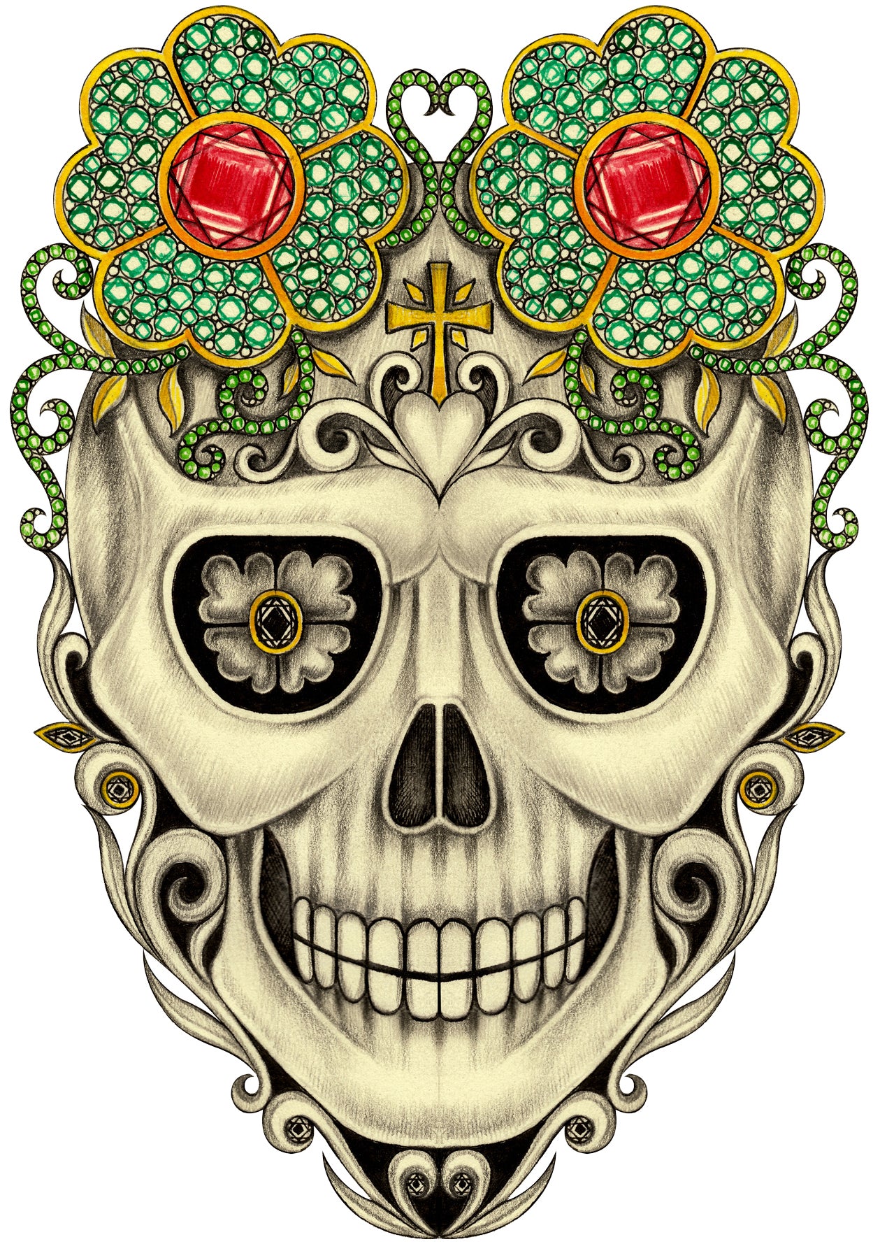 Pencil Sketch Dia de los Muertos Jeweled Flower Skull #2 Vinyl Decal Sticker