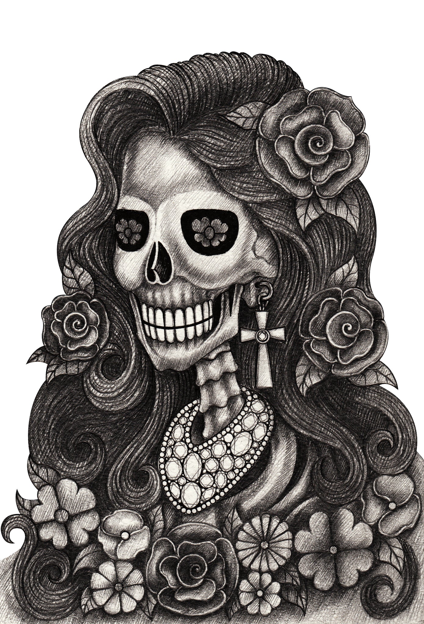 Pencil Sketch Dia de los Muertos Lady with Flower and Roses Vinyl Decal Sticker