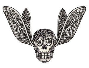 Pencil Sketch Dia de los Muertos Skull with Moth Wings Vinyl Decal Sticker