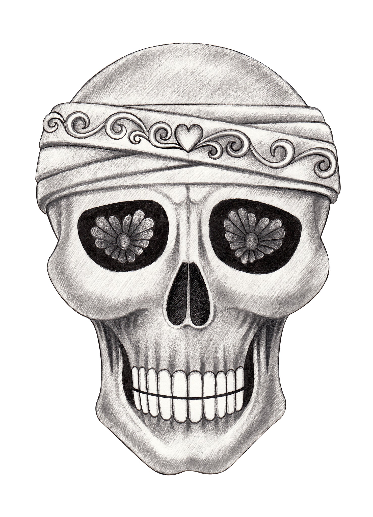 Pencil Sketch Feminine Skull with Flower Heart Eyes Vinyl Decal Sticker