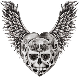 Pencil Sketch Floral Cross Heart Skull with Leaf Wings Vinyl Decal Sticker