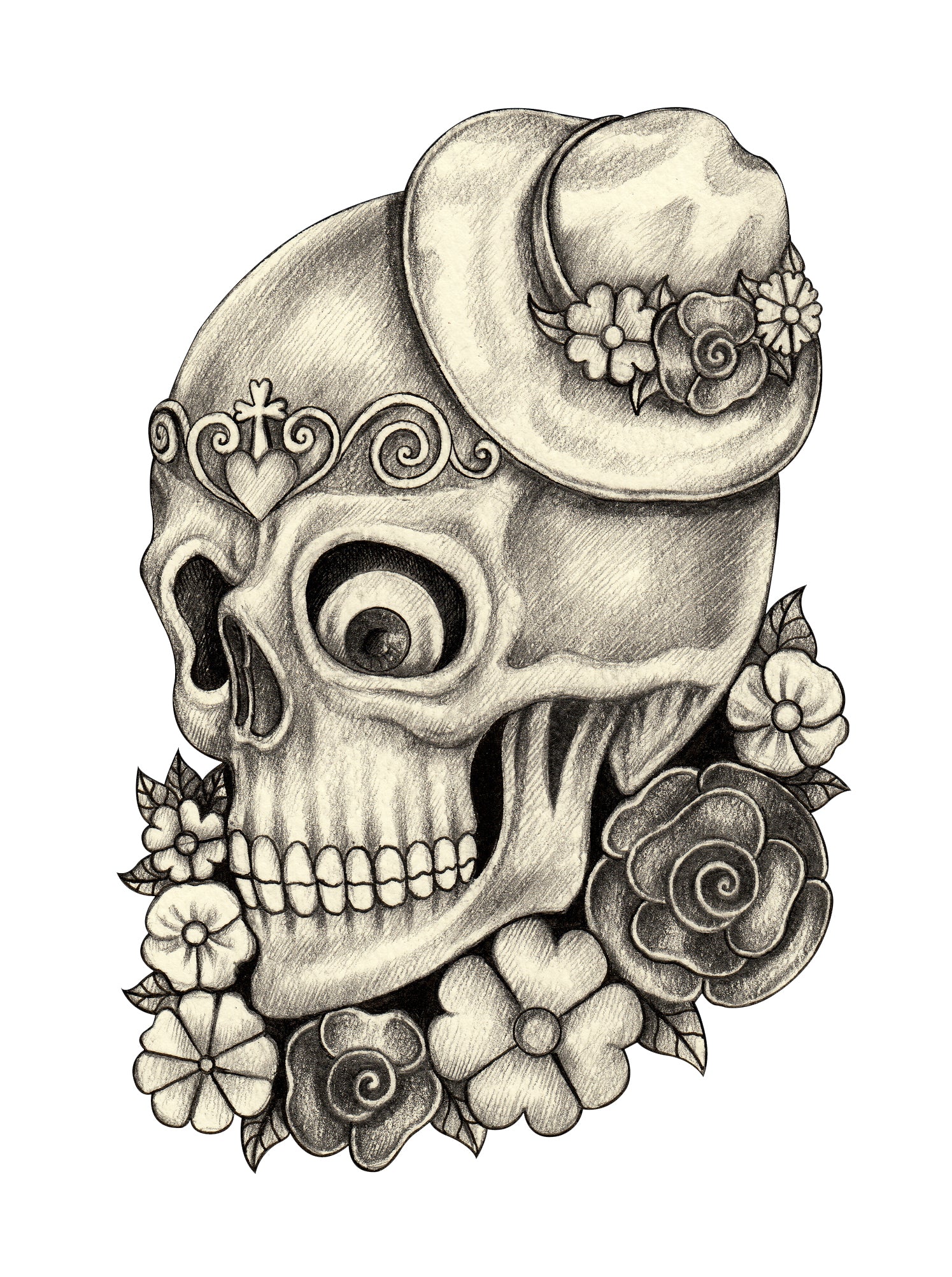 Pencil Sketch Floral Dia de los Muertos Skull with Hat #2 Vinyl Decal Sticker