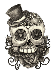 Pencil Sketch Floral Dia de los Muertos Skull with Hat #4 Vinyl Decal Sticker