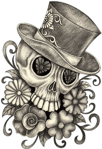 Pencil Sketch Floral Dia de los Muertos Skull with Hat #5 Vinyl Decal Sticker