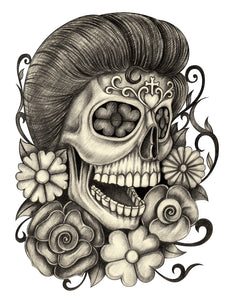 Pencil Sketch Floral Skull with Flowers and Swirls Vinyl Decal Sticker