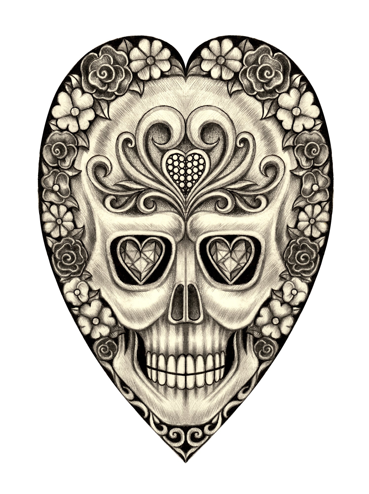 Pencil Sketch Floral Swirl Skull in Heart Vinyl Decal Sticker