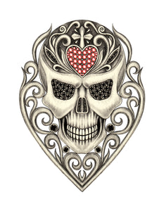 Pencil Sketch Jeweled Skull in Swirl Heart Vinyl Decal Sticker