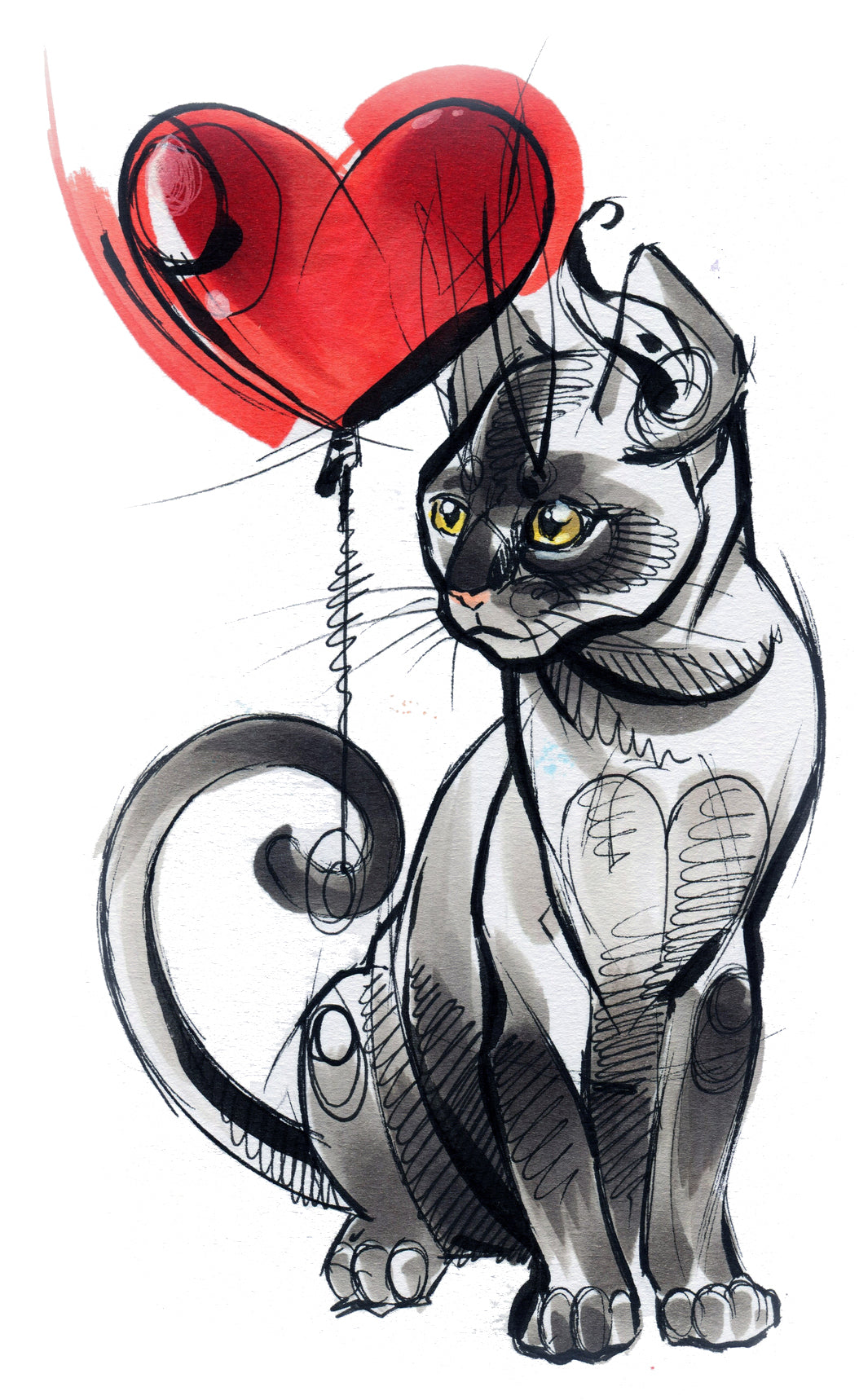 Pencil Sketch Kitty Cat with Red Watercolor Heart Balloon Vinyl Decal Sticker