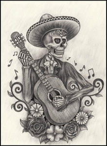 Pencil Sketch Mariachi Skeleton with Guitar Vinyl Decal Sticker