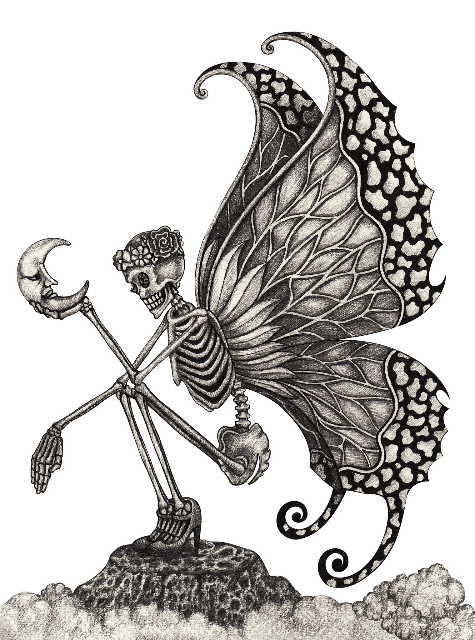 Pencil Sketch Skeleton Angel with Butterfly Wings and Moon Vinyl Decal Sticker