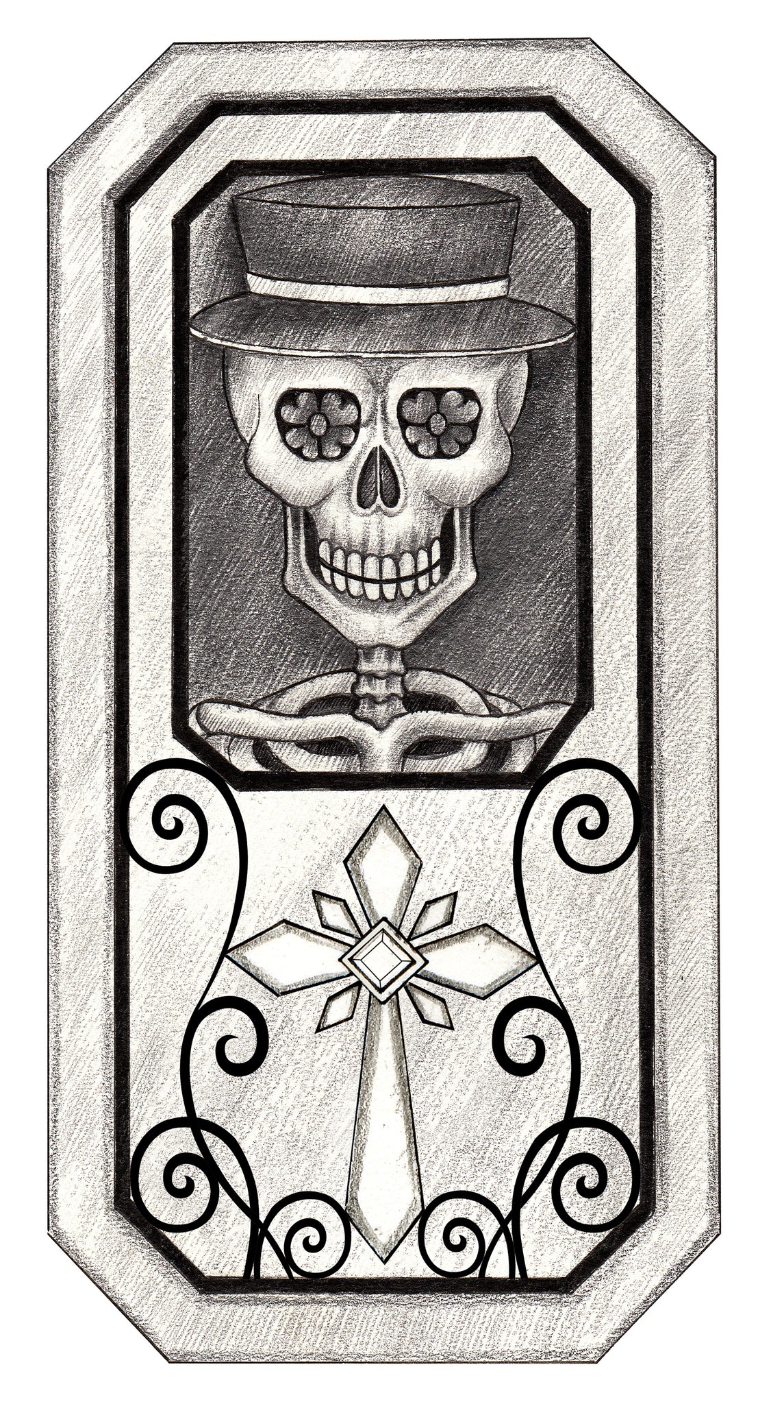 Pencil Sketch Skeleton Skull in Coffin Vinyl Decal Sticker