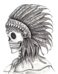 Pencil Sketch Skeleton with Feather Headdress #1 Vinyl Decal Sticker
