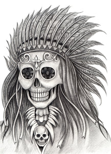 Pencil Sketch Skeleton with Feather Headdress #2 Vinyl Decal Sticker