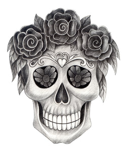 Pencil Sketch Skull Dia De Los Muertos Woman with Rose Flower Crown Vinyl Decal Sticker