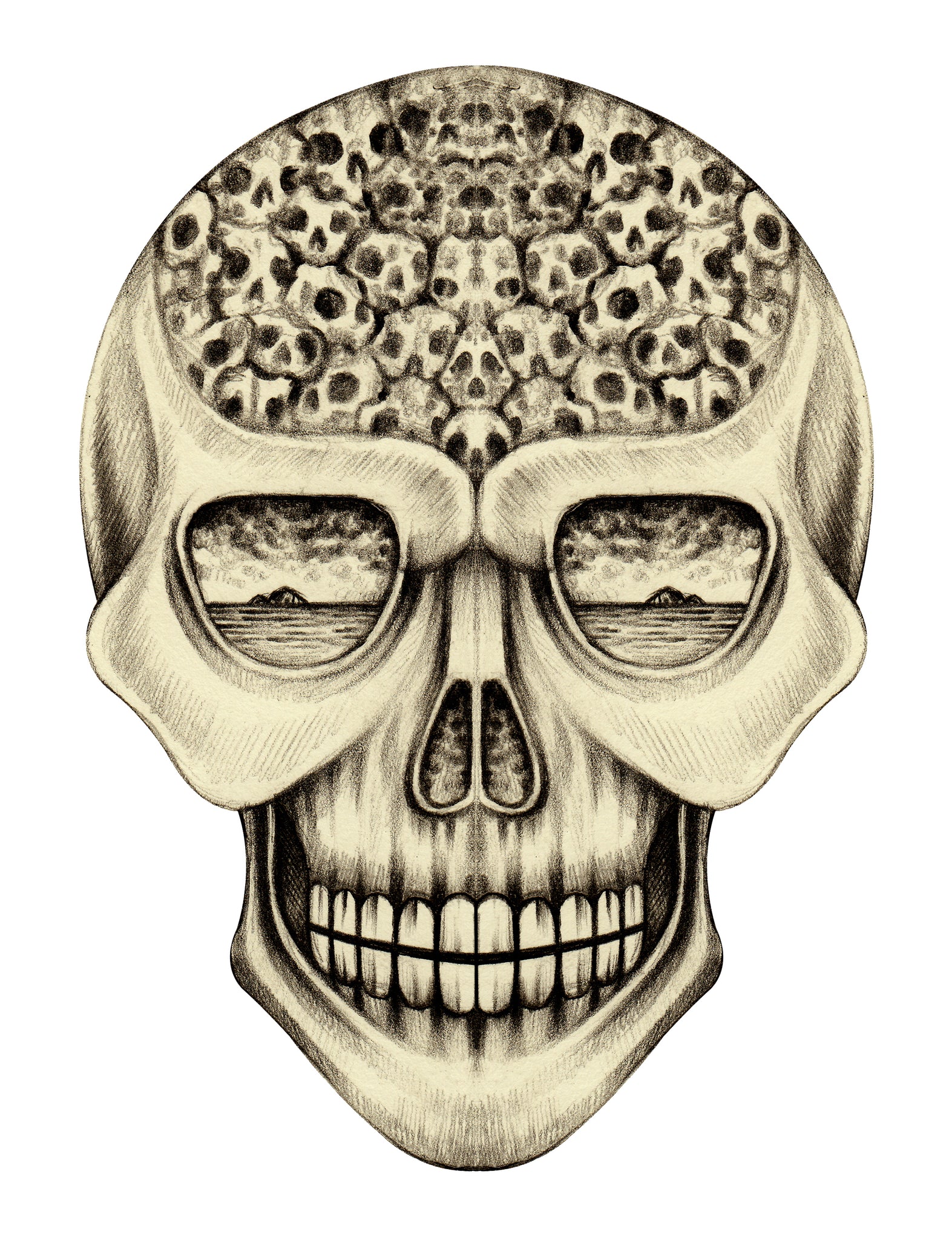 Pencil Sketch Skull with Desert Horizon Eyes and Mini Skulls Vinyl Decal Sticker
