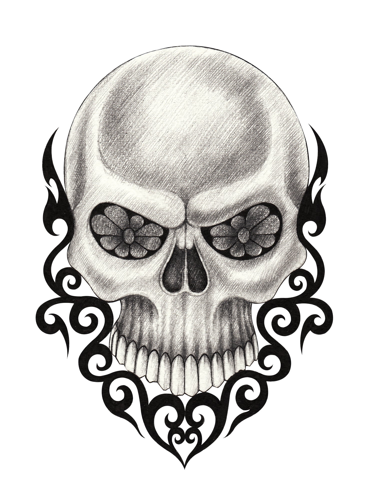 Pencil Sketch Skull with Flower Eye Sockets Vinyl Decal Sticker