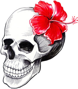 Pencil Sketch Skull with Hawaiian Tropical Red Flower Vinyl Decal Sticker