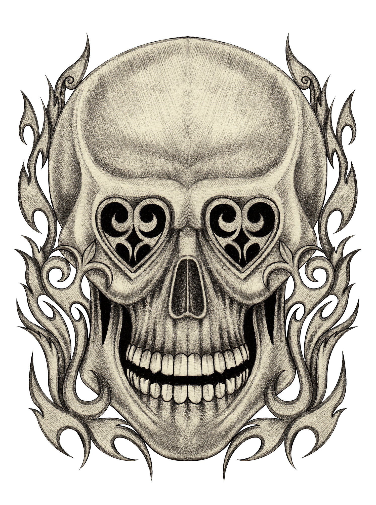 Pencil Sketch Skull with Heart Eyes and Fire Swirls Vinyl Decal Sticker