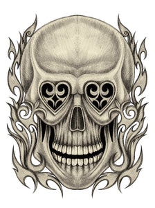 Pencil Sketch Skull with Heart Eyes and Fire Swirls Vinyl Decal Sticker