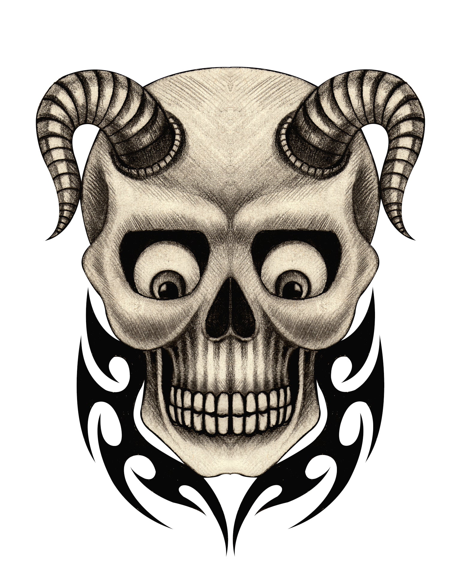 Pencil Sketch Skull with Long Curved Horns #2 Vinyl Decal Sticker